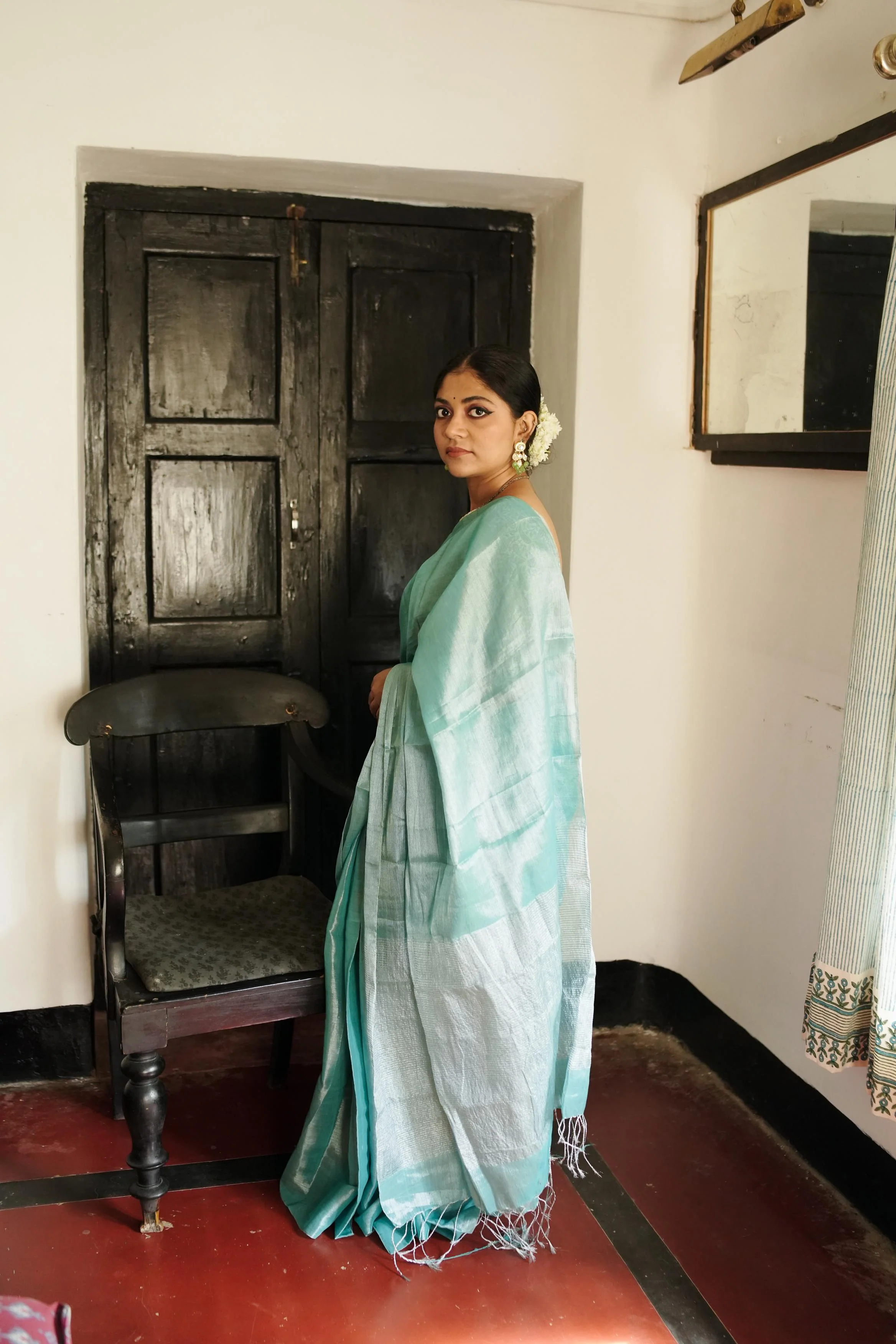 Weaves of Bengal - Sitara  -  Shramila light blue tissue saree - Image 3