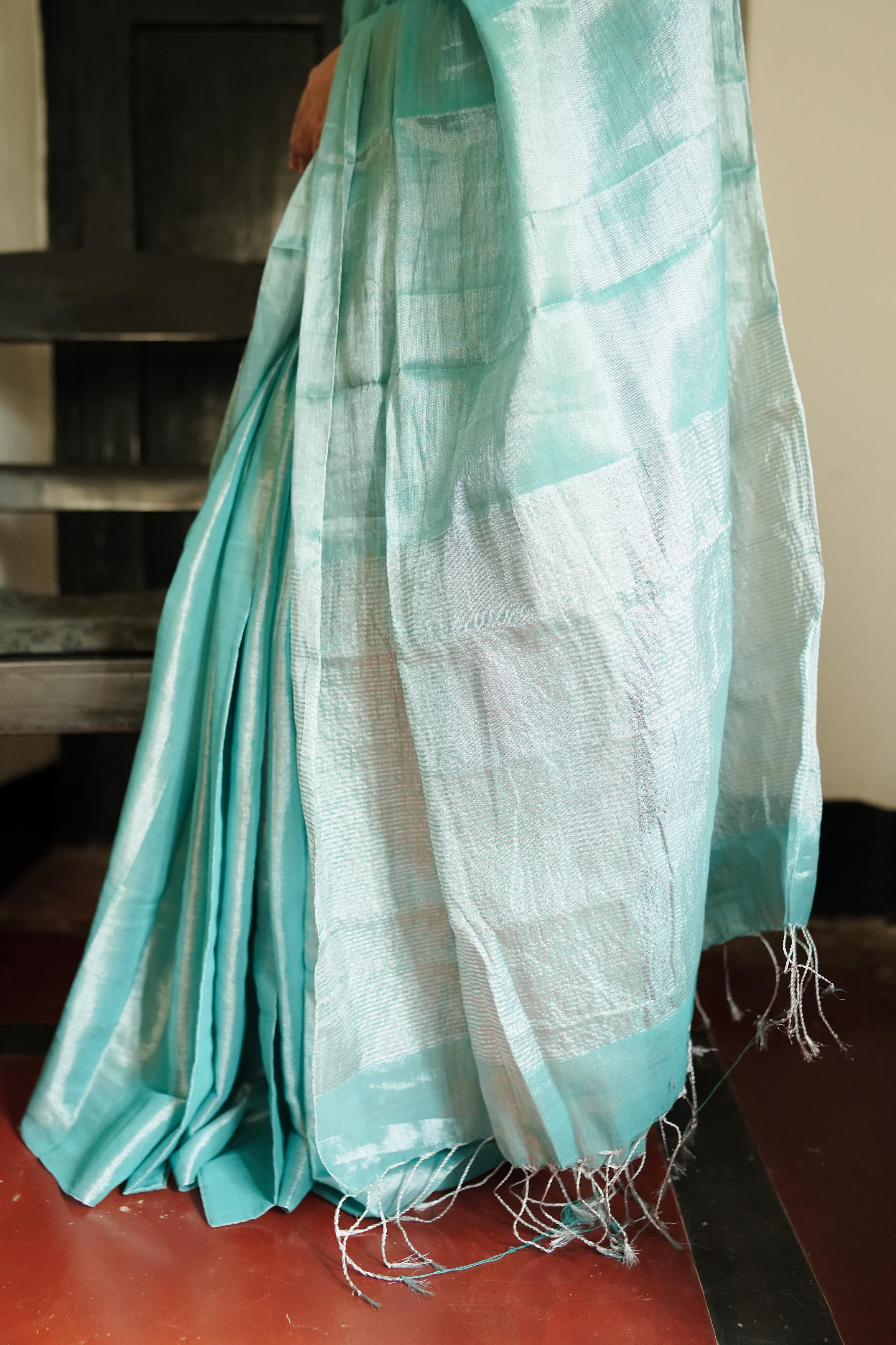Weaves of Bengal - Sitara  -  Shramila light blue tissue saree - Image 4