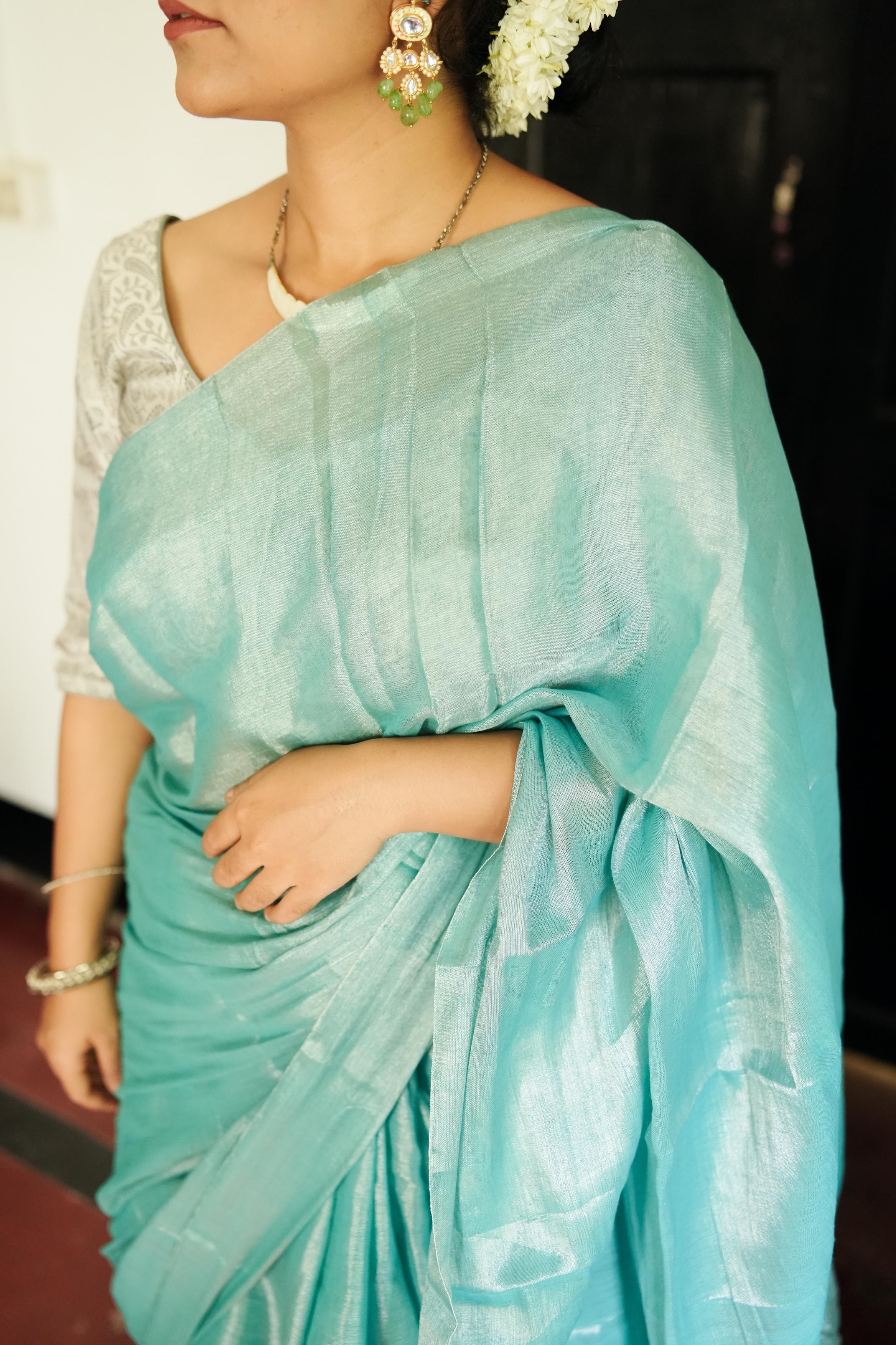Weaves of Bengal - Sitara  -  Shramila light blue tissue saree - Image 5