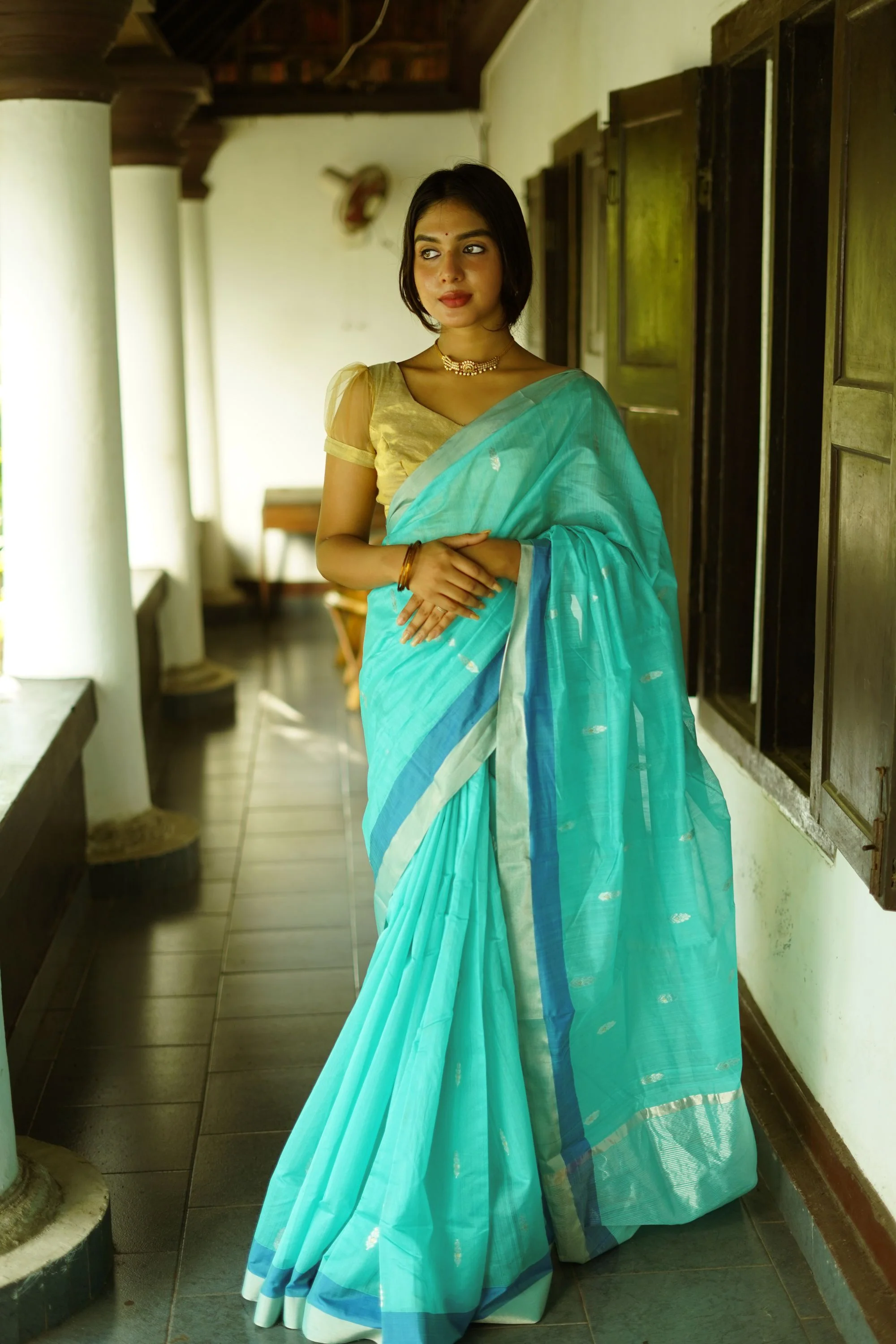Utsav light Blue silk cotton silver Zari Chanderi Saree - Image 3