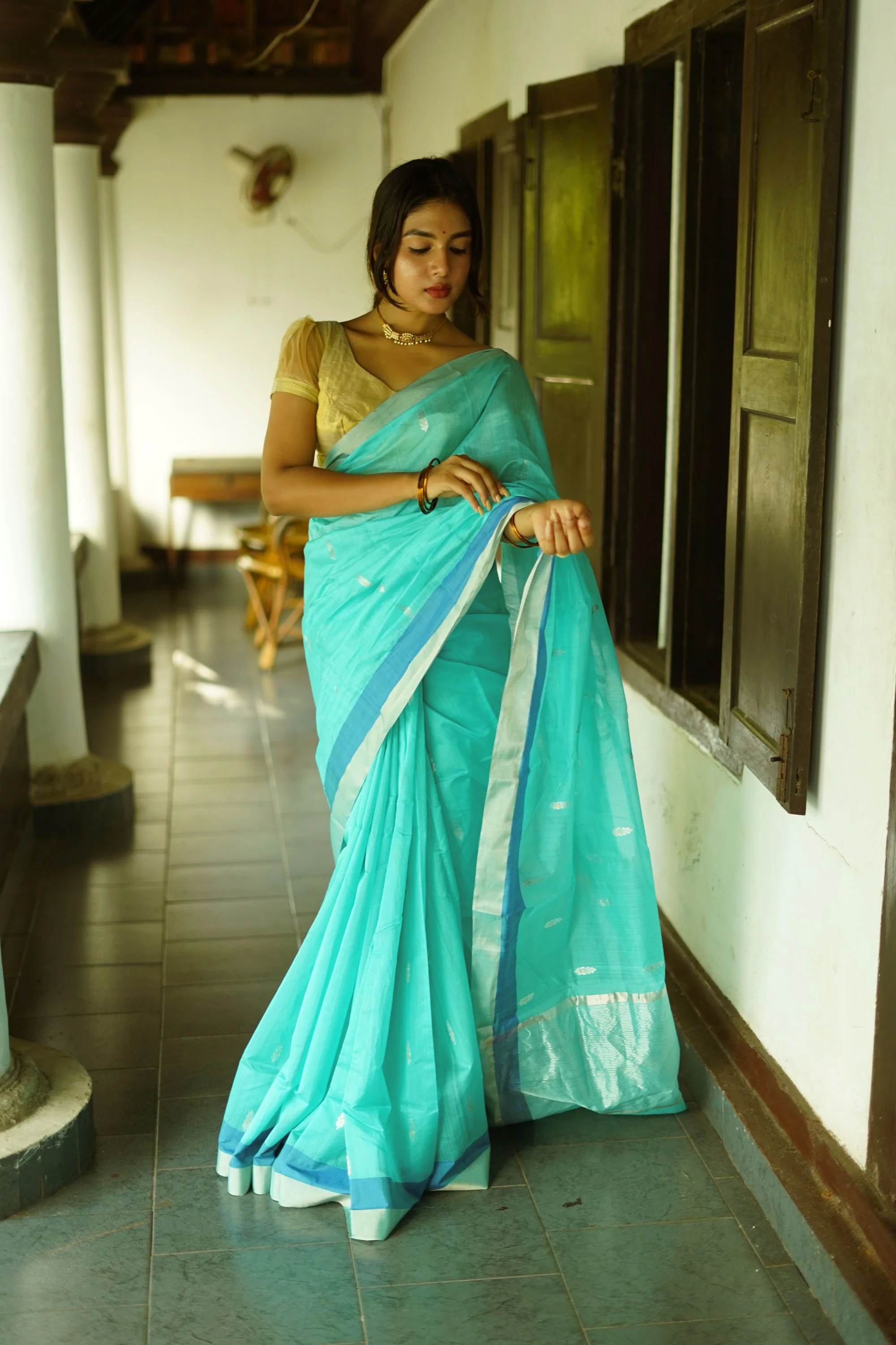 Utsav light Blue silk cotton silver Zari Chanderi Saree - Image 4