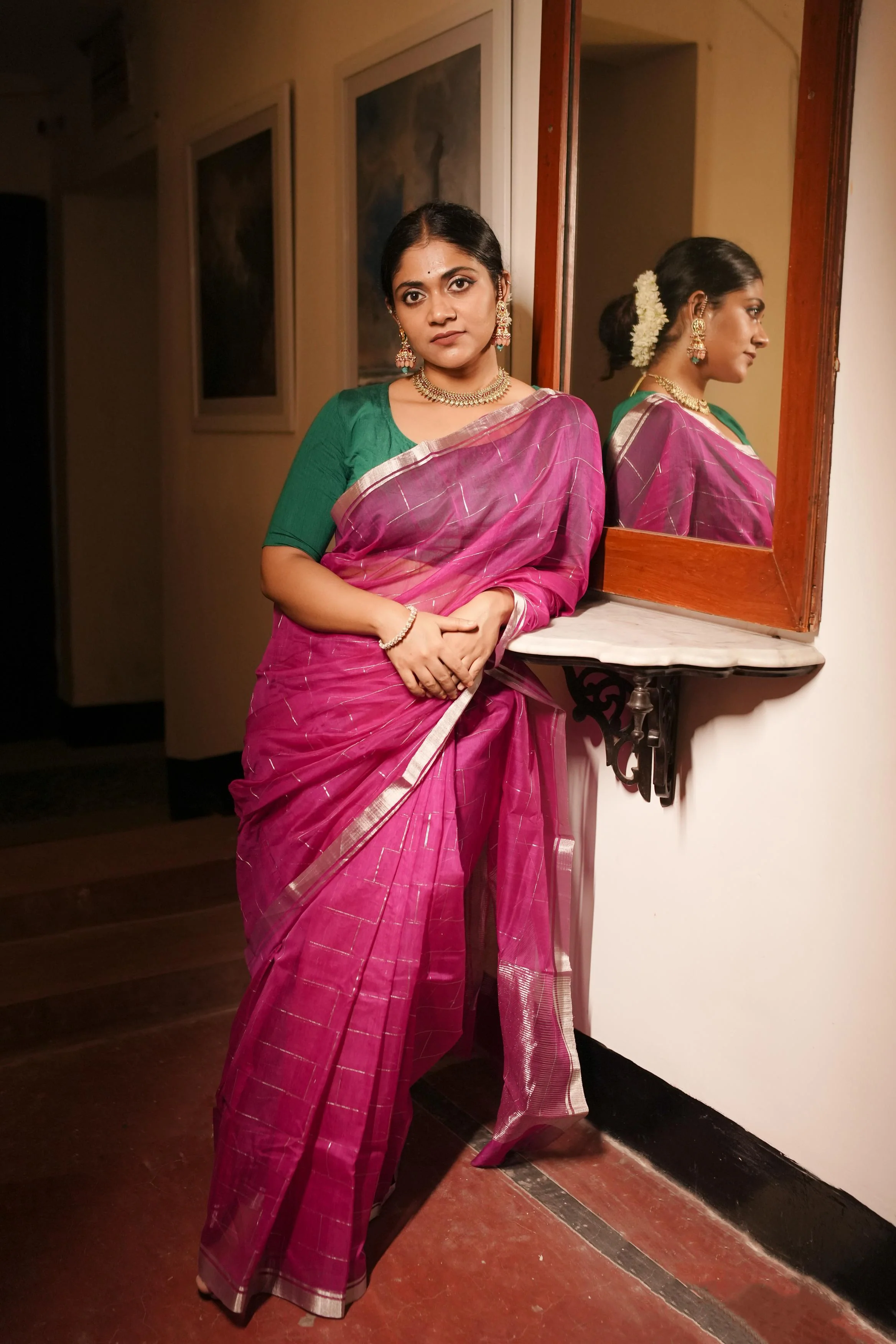 Utsav Silver Zari Pink Chanderi  Saree - Image 6